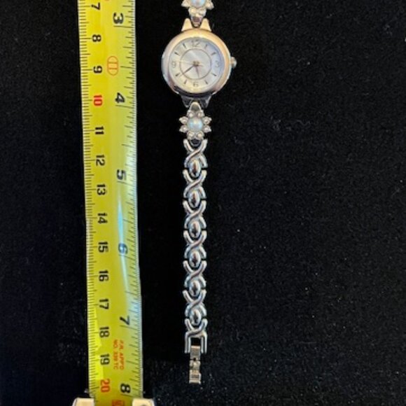 SILVER-TONE | Bracelet Watch Mother of Pearl Dial Band with X's and Pearls - Picture 6 of 7